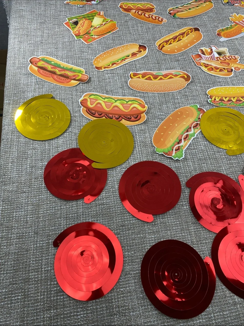 Hot Dog Party ceiling Confetti spirals  - Yellow and Red food truck decor